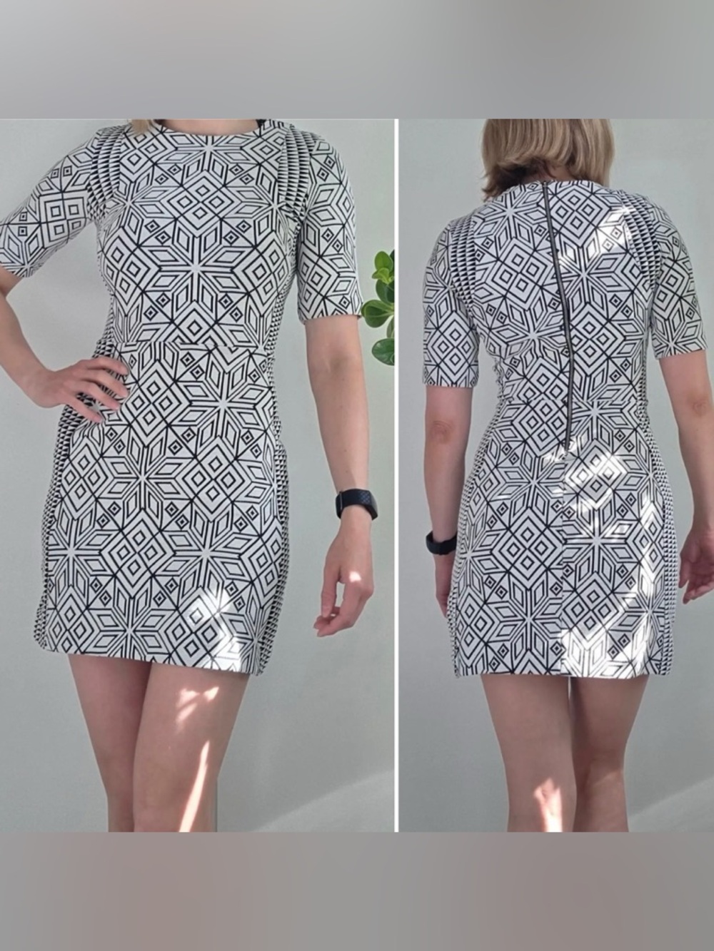 H&M Geometric bodycon mini dress. Black & White Size 6. Short sleeve, fitted.